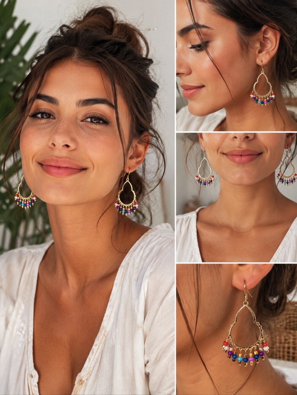 Boho Gold Tone Beaded Dangle Earrings Colorful Fringe Festival Statement